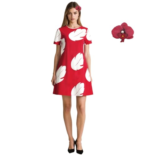 GAUWEAN Lilo Damenkostüm, rotes Blatt, bedruckt, Hawaii-Kleid mit Blume, Kopfbedeckung, Größe 3XL von GAUWEAN
