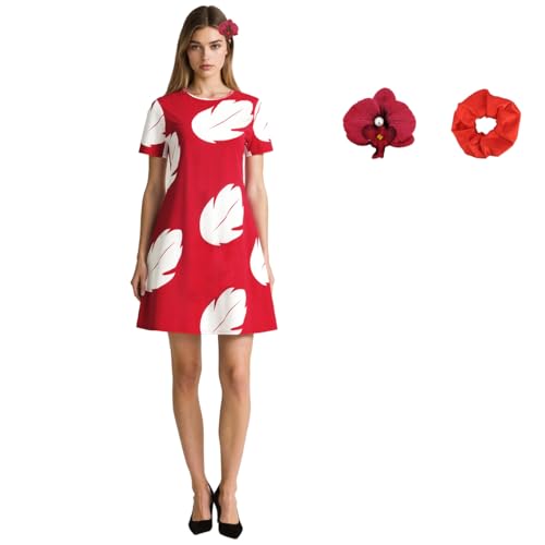 GAUWEAN Lilo Kostüm Kleid Damen Halloween Rot Blatt Gedruckt Hawaii-Kleid mit Blume Kopfbedeckung, Rot/Ausflug, einfarbig (Getaway Solids), XXL von GAUWEAN