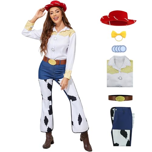 Jessie Kostüm für Damen, klassisches Cowgirl-Spielzeug, Halloween-Outfit, Erwachsene, Jessie-Shirt, Hose, Hut, Gürtel, Hippie-Set, weiß / blau, XXL von GAUWEAN