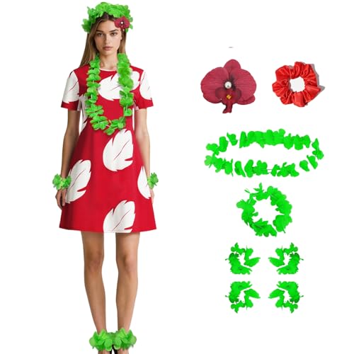 Lilo Kostüm Kleid Damen Halloween Rot Blatt Gedruckt Hawaii-Kleid mit Blume Kopfbedeckung, Rot + Zubehör, 3XL Lilo Kostüm Kleid Damen Halloween Rot Blatt Gedruckt Hawaii-Kleid mit Blume Kopfbedeckung, Rot + Zubehör, 3XL von GAUWEAN