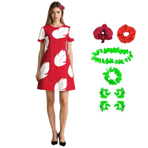 Lilo Kostüm Kleid Damen Halloween Rotes Blatt Gedruckt Hawaii-Kleid mit Blume Kopfbedeckung 2XL von GAUWEAN