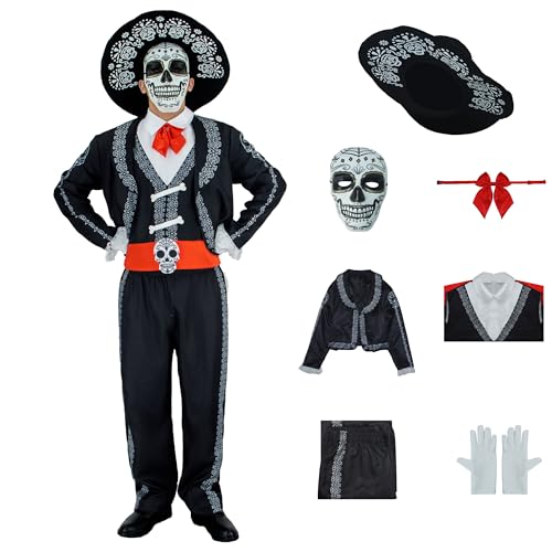 Tag der Toten Kostüm für Herren, Mariachi-Anzug, Erwachsene, Dia De Los Muertos, Kostüme, Maske mit Hut für Halloween, Cosplay, Größe S Tag der Toten Kostüm für Herren, Mariachi-Anzug, Erwachsene, Dia De Los Muertos, Kostüme, Maske mit Hut für Halloween, Cosplay, Größe S von GAUWEAN