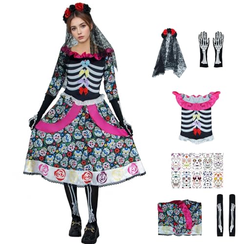 Tag der Toten Kostüme für Damen, Halloween, Cosplay, Skelett, Blumenkleid, Gesicht, Tattoos, Handschuhe, Strumpf mit Schleier, Pink, XL von GAUWEAN