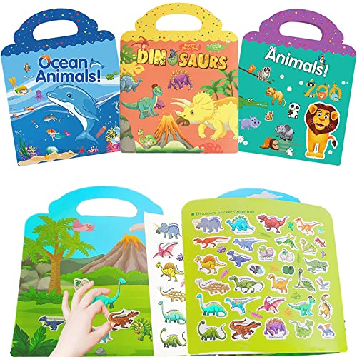 Stickerbuch Mädchen für ab 2 Jahre, Wiederverwendbare Statische Stickerheft, Stickerbücher Lernspielzeug für Kinder, Geschenk Spielzeug für 2 3 4 5 jährige Jungen Mädchen, Dinosaurs+ Animals+ Ocean von GAYISIC