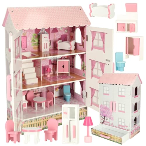 Großes Puppenhaus Set aus Holz für Mädchen | Große Puppenstube mit Zubehör | XXL Puppen Traumhaus in pink | Kinder Dollhouse mit Möbel Kit | Puppenvilla Spielzeughaus mit Einrichtung und Türen von GB ONE