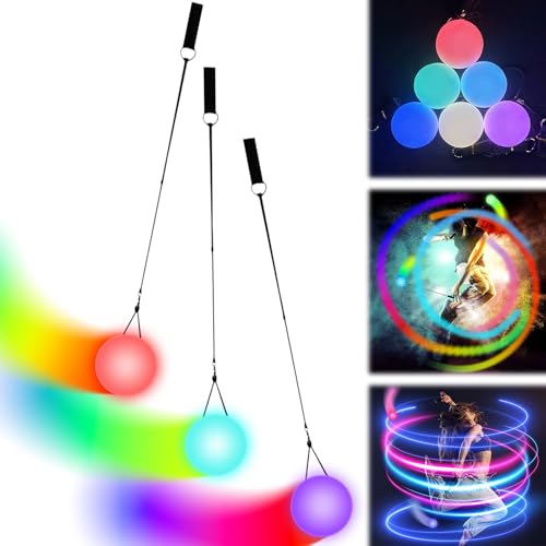 GBKDQQ 3 Stück LED Poi Bälle, Poi Ball Set LED Glow Poi Kugeln mit Regenbogen Farben und Strobe-Effekt,POI Jonglierbälle mit verstellbaren Doppelschlaufen Leinen, LED Poi für Anfänger und Profis von GBKDQQ