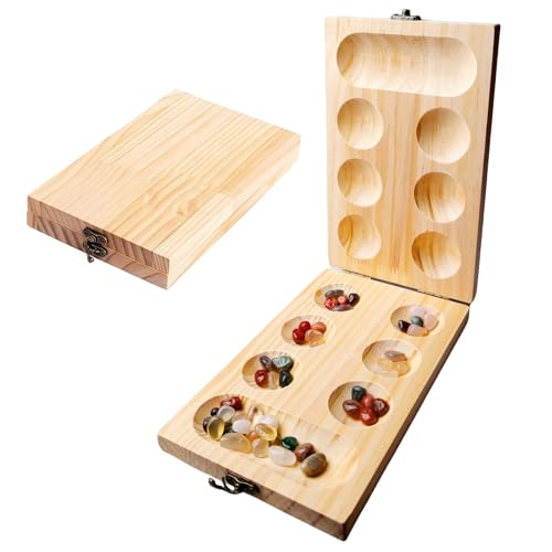 Mancala Brettspiel aus Naturholz, steinchenspiel mit Bunten Steinen & Aufbewahrungsbeutel, Kalaha Strategiespiel, edelsteinspiel für Intelligenzförderung bei Familie Freunden und Kindern von GBKDQQ