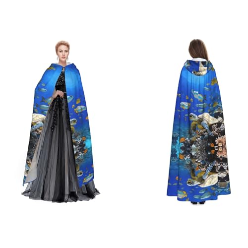 GBMBZSKP (Meeresschildkröte mit Fischen) Halloween-Kapuzenumhang, Maskerade, Party, Cosplay, Kostüme, Ostern, Unisex, Vampir-Hexenumhang für Erwachsene von GBMBZSKP