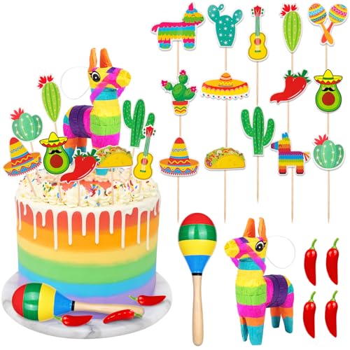 Fiesta-Cupcake-Topper, mexikanisches Thema, Kuchendekoration, Kaktus, Pinata, Taco-Gitarre, Party-Kuchendekorationen mit Holz-Sandhammer und Schaumstoff-Chili, für Fiesta-Party-Dekorationen, 20 Stück Fiesta-Cupcake-Topper, mexikanisches Thema, Kuchendekoration, Kaktus, Pinata, Taco-Gitarre, Party-Kuchendekorationen mit Holz-Sandhammer und Schaumstoff-Chili, für Fiesta-Party-Dekorationen, 20 Stück von GCTWFYK