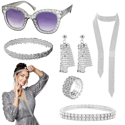 GD HUA 6 Stück Disco Accessoires, 80er Jahre Outfit Damen, 70er Jahre Kostüm Damen, Disco-Kostüm Pailletten Haarband Sonnenbrille Ohrringe Halskett Armband Ring, für Karneval, Party, Abschlussball GD HUA 6 Stück Disco Accessoires, 80er Jahre Outfit Damen, 70er Jahre Kostüm Damen, Disco-Kostüm Pailletten Haarband Sonnenbrille Ohrringe Halskett Armband Ring, für Karneval, Party, Abschlussball von GD HUA