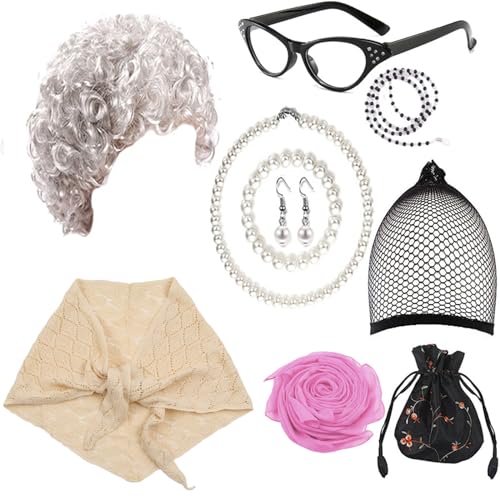 Oma Perücke Alte Dame Cosplay Kostüm Set Zubehör Halloween Party Bühne Requisiten Kostüm Oma Dress Up Perücke von GDFHYJN(グフン)