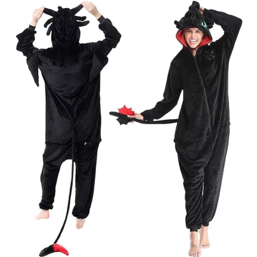GDFJBG Creations Unisex Zipper Overall Drachen Pyjama Plüschkostüm mit Hut für Verkleidungspartys, Rollenspiele, Mottopartys, Halloween-Kostüm（M） von GDFJBG