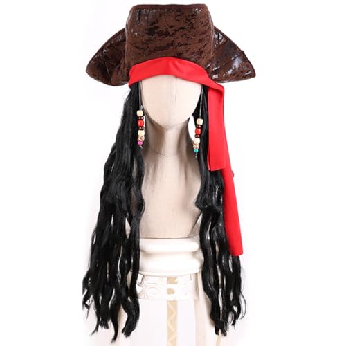 GDFJBG Halloween Perücken Haarteile, 65CM Piratenperücke Hut Piratenkostüm, Piratenhut aus Kunstleder, Deluxe Piraten Kapitänsmütze für das perfekte Piratenkostüm zum Fasching und Karneval GDFJBG Halloween Perücken Haarteile, 65CM Piratenperücke Hut Piratenkostüm, Piratenhut aus Kunstleder, Deluxe Piraten Kapitänsmütze für das perfekte Piratenkostüm zum Fasching und Karneval von GDFJBG