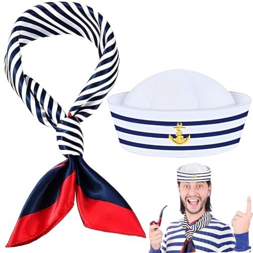 GDFJBG Kapitän Matrosen Kostüm Set, Streifen Matrosenmütze und Schal Set, Kapitänsmütze für Erwachsene, Verstellbare Yacht Matrosenmütze, Marine Accessoire für Mottoparty Partys Cosplay(Weiß) von GDFJBG