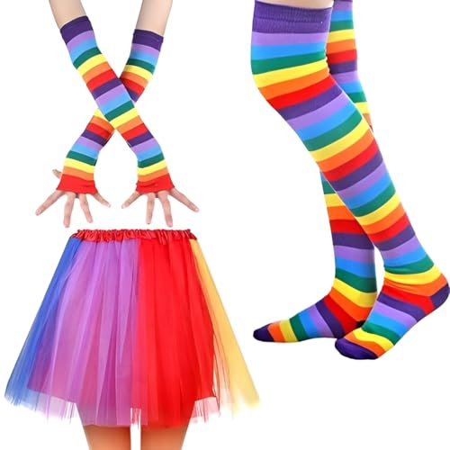 GDFJBG Kostüm für Damen 1980er Jahre Party Kostüm Zubehör Set Regenbogen Tüllrock Kniestrümpfe Regenbogen Oberschenkel Hohe Socken Overknee Strümpfe Fingerlose Handschuhe Hülsen-Set für Damen GDFJBG Kostüm für Damen 1980er Jahre Party Kostüm Zubehör Set Regenbogen Tüllrock Kniestrümpfe Regenbogen Oberschenkel Hohe Socken Overknee Strümpfe Fingerlose Handschuhe Hülsen-Set für Damen von GDFJBG