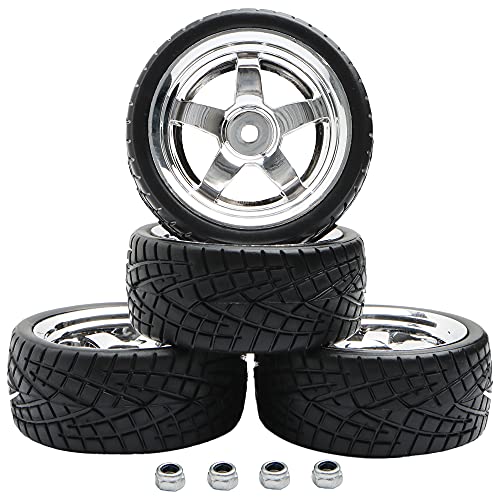 GDOOL 4 Stück 12 mm Nabenräder und 62 mm Reifen Set 1:10 1:12 1:16 Off Road RC Cars Gummireifen-Set für HSP 94122 94123 94103 3850 3851 FW06 RC Cars (Silber) von GDOOL