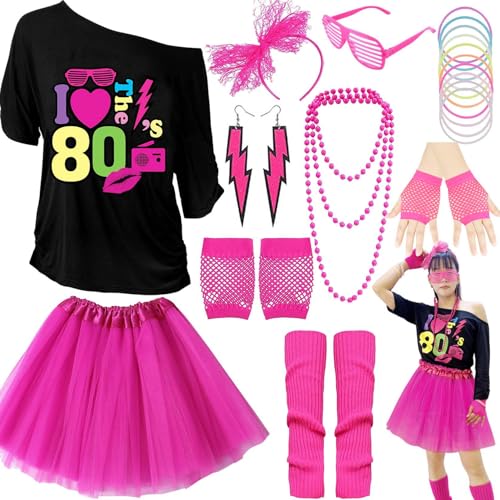 GDXINYES 80er-Jahre-Kostüme für Damen, 80er-Jahre-Kostüm, Damen-Kostüm, Outfits, 21 Stück, 80er-Jahre-Shirts, Accessoires, Kleid, 1980er-Jahre-Kleidung, Rosenrot, 3XL von GDXINYES