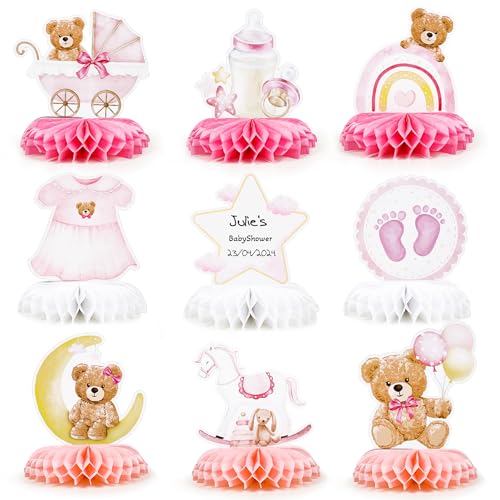 9 Stück Gender Reveal Party Deko Bienenwabe Mittelstück Tischdekoration Bär Dekoration für Baby Shower Babyparty Geschlecht Verkündung Party Zubehör Enthüllung Partydeko Tischaufsätze (Pink) von GEBETTER