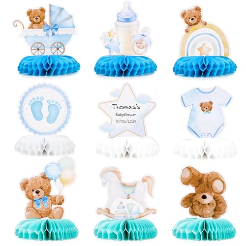 9 Stück Gender Reveal Party Deko Bienenwabe Mittelstück Tischdekoration Bär Dekoration für Baby Shower Babyparty Geschlecht Verkündung Party Zubehör Enthüllung Partydeko Tischaufsätze (Blau) von GEBETTER