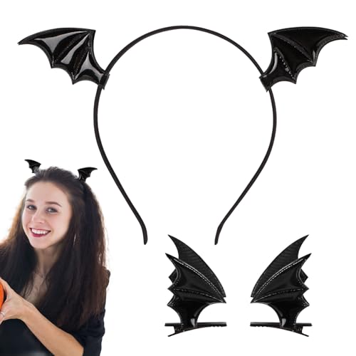 GEBETTER (3 stk) 1x Fledermaus Haarreife mit 2x Fledermausflügel Haarspangen Halloween Kostüm Accessoire Haarband Faschingkostüme Haarclips Karneval Stirnband Kopfbedeckung Mottoparty Fasching Party von GEBETTER