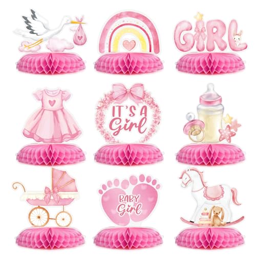GEBETTER 9 Stück Gender Reveal Party Deko Bienenwabe Mittelstück Tischdekoration Mädchen oder Jungen Dekoration für Tischdeko Babyparty Baby Shower Tischaufsätze Geschlecht Verkünden (Mädchen) von GEBETTER