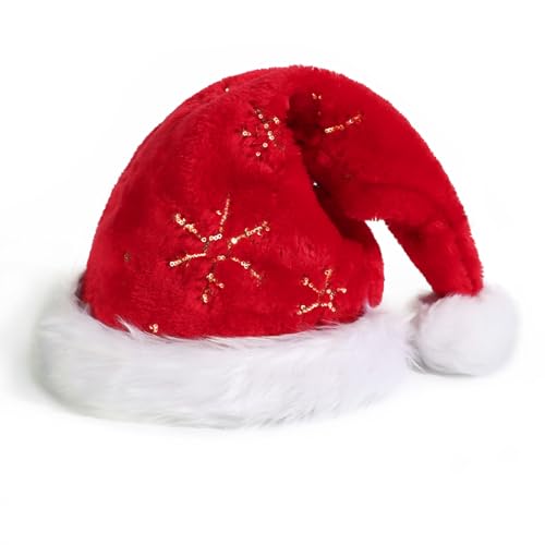 GEBETTER Weihnachtsmütze für Erwachsene Weihnachten Plüsche Nikolausmütze Weihnachtsmann Santa Nikolaus Mütze mit Golden Pailletten Schneeflocke Weihnachtskostüm für Damen und Herren von GEBETTER