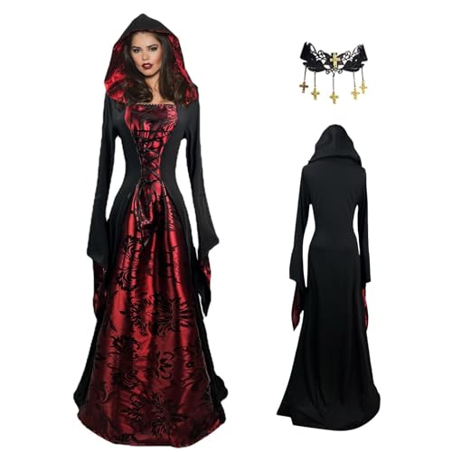 Halloween-Kostüm - Vampirkleid mit Kapuze | Gothic- mit Kapuze für Damen | Gothic Vampirkleid für Damen | Halloween-Cosplay-Kostüm - Umhangkleid von GEDOX