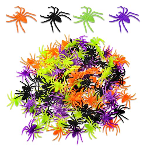 GEEHUA 120 Stück Künstliche Party Spinnen, Realistische Mini Spinnen aus Kunststoff, 4 Farben, Kleine Terror Spinne, Lustige Streich Requisiten, Karneval Party Dekoration (3,3 x 3 cm) von GEEHUA