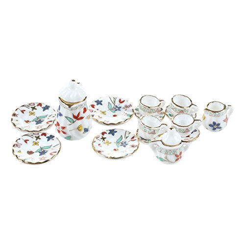 GEEKEN 15 Stücke Miniatur Puppenhaus Porzellan Geschirr Tee Set Teller Tasse Bunte Blumendruck von GEEKEN