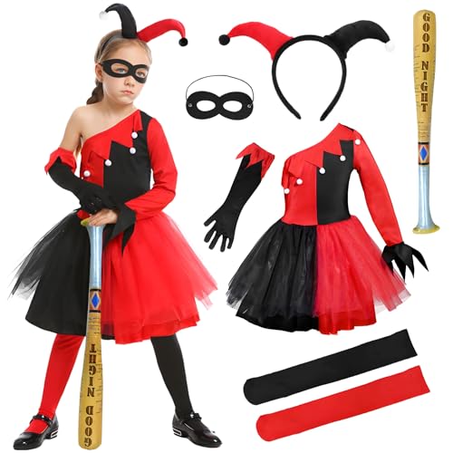 Clown Kostüm Mädchen, Joker Cosplay-Kostüm Kleid Kinder mit Stirnband, Handschuh, Rote & Schwarze Socken, Baseballschläger Aufblasbar, Quinn Clown Kostüme für Mädchen Halloween Karneval Cosplay(XL) Clown Kostüm Mädchen, Joker Cosplay-Kostüm Kleid Kinder mit Stirnband, Handschuh, Rote & Schwarze Socken, Baseballschläger Aufblasbar, Quinn Clown Kostüme für Mädchen Halloween Karneval Cosplay(XL) von GEEKEO