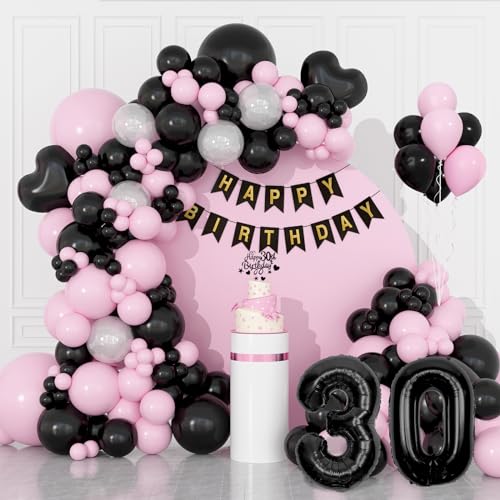 Deko 30. Geburtstag Frauen, Deko 30. Geburtstag Frau, Rosa Schwarz Luftballons 30 Geburtstag Deko, Happy Birthday Banner Geburtstag Dekorationen, Geburtstagsdeko 30 Jahre Frauen Männer Party Deko von GEEKEO