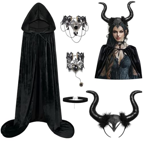 GEEKEO Halloween Kostüm Damen Haarband mit Dämonenhorn, Böse Königin Kostüm Halloween Umhang mit Kapuze, Retro Halskette Armband Teufel Cosplay Set für Karneval Maskerade GEEKEO Halloween Kostüm Damen Haarband mit Dämonenhorn, Böse Königin Kostüm Halloween Umhang mit Kapuze, Retro Halskette Armband Teufel Cosplay Set für Karneval Maskerade von GEEKEO