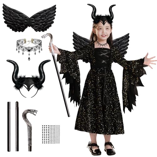 GEEKEO Halloween Kostüm Kinder, 6tlg Schwarzes Halloween Kleid Mädchen Böse Hexenkostüm mit Hörner Kopfschmuck und Schwarze Flügel für Halloween Cosplay Fasching Karneval Verkleidung Party GEEKEO Halloween Kostüm Kinder, 6tlg Schwarzes Halloween Kleid Mädchen Böse Hexenkostüm mit Hörner Kopfschmuck und Schwarze Flügel für Halloween Cosplay Fasching Karneval Verkleidung Party von GEEKEO