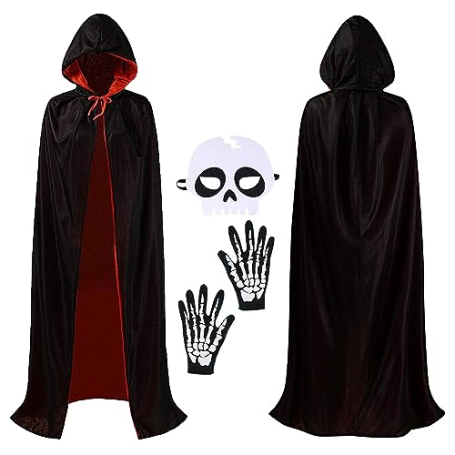 GEEKEO Halloween Vampir Kostüm Kinder Schwarz & Rot Umhang mit Kapuze,Vampir Umhang mit Skelett Handschuhe & Maske,Halloween Kostüm Mädchen Jungen Cosplay Zubehör für Halloween Karneval Party GEEKEO Halloween Vampir Kostüm Kinder Schwarz & Rot Umhang mit Kapuze,Vampir Umhang mit Skelett Handschuhe & Maske,Halloween Kostüm Mädchen Jungen Cosplay Zubehör für Halloween Karneval Party von GEEKEO