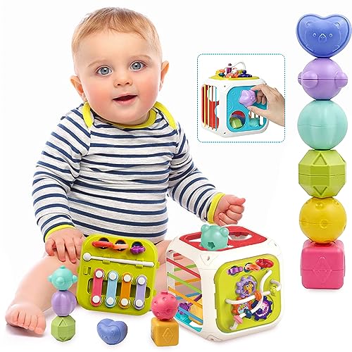 GEEKEO Montessori Baby Spielzeug ab 6 Monate- 3 Jahre, 7 in 1 Motorikspielzeug,Stapelspielzeug Stapelsteine,Silikon Zugschnur Spielzeug,Klopfen Sensorisches Baby Spielzeug Geschenke Baby ab 6 Monate von GEEKEO