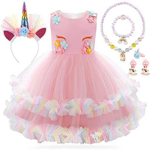 GEEKEO Prinzessin Kostüm Mädchen Kleid, Einhorn Kostüm Mädchen Kinder, Mädchen Prinzessin Kleid mit Halskette und Stirnband Set für Geburtstagsfeier Hochzeit Cosplay Karneval Verkleidung Party(110) von GEEKEO