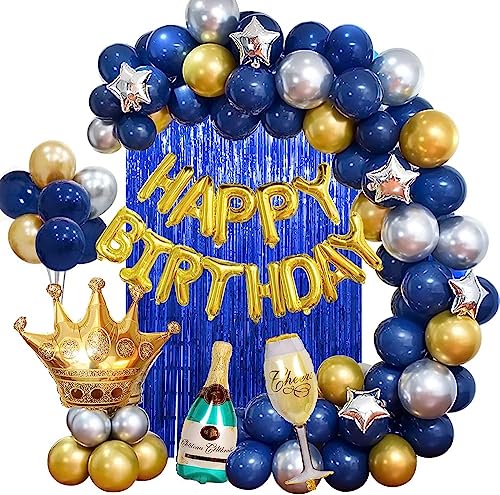 Geburtstagsdeko Mann Frauen Marineblau und Silber Golden,Happy Birthday Girlande Ballon Blau Metallische Lametta Vorhänge Hintergrund für Erwachsene Männer 18. 30. 40. 50. 60. Geburtstag Deko von GEEKEO