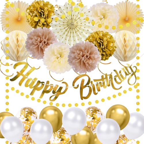 Deko Geburtstag Mädchen Jungen, Pompons Geburtstag Party Deko mit Happy Birthday Girlande, Geburtstagsdeko Frauen Männer Beige Gold, Hängenden Papier Lüfter,Wabenbälle,Wiederverwendbare Deko Geburtstag Mädchen Jungen, Pompons Geburtstag Party Deko mit Happy Birthday Girlande, Geburtstagsdeko Frauen Männer Beige Gold, Hängenden Papier Lüfter,Wabenbälle,Wiederverwendbare von GEEKEO
