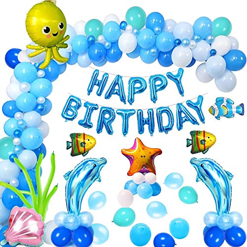 Geburtstagsdeko Meer Junge, Meerestiere Geburtstag Deko Kinder mit Luftballons Blau Happy Birthday Ballons Banner Tintenfisch Delfin Fisch Folienballon, Marine Kindergeburtstag Party Deko von GEEKEO