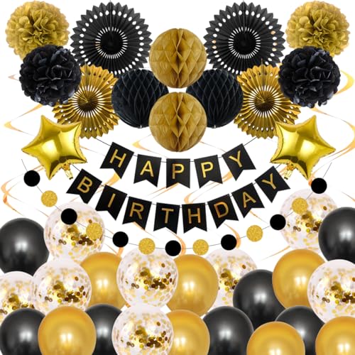 Geburtstagsdeko Schwarz Gold Party Deko, Geburtstag Deko Luftballons Frau Mann Banner- Happy Birthday Girlande, Wimpelkette Luftschlangen Pompons Deko für 18-60.Geburtstag Party Dekoration Geburtstagsdeko Schwarz Gold Party Deko, Geburtstag Deko Luftballons Frau Mann Banner- Happy Birthday Girlande, Wimpelkette Luftschlangen Pompons Deko für 18-60.Geburtstag Party Dekoration von GEEKEO