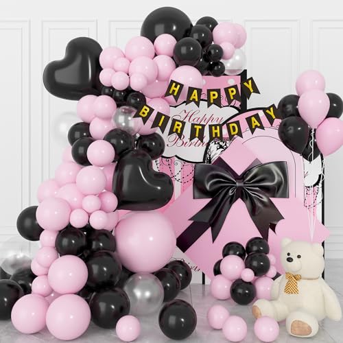 Geburtstagsdeko für Frauen Mädchen, Pink Schwarz Luftballons Geburtstag, Geburtstag Party Deko Set Enthalten Happy Birthday Banner, 89 Stück Ballons Schwarz Tortendeko Geburtstag Mädchen Frauen von GEEKEO