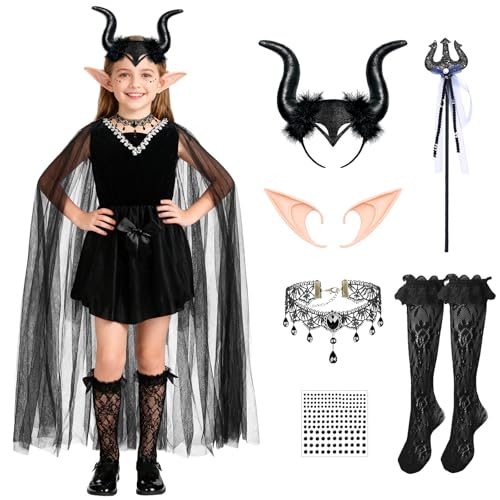Halloween Teufel Kostüm Kinder, Malefi-cent Kostüm Mädchen mit Prinzessin Kleid Böse Umhang Königin Hörner und Halskette Teufel Kleid Kostüme für Halloween Karneval Cosplay Partykleid (4-5 Jahre) Halloween Teufel Kostüm Kinder, Malefi-cent Kostüm Mädchen mit Prinzessin Kleid Böse Umhang Königin Hörner und Halskette Teufel Kleid Kostüme für Halloween Karneval Cosplay Partykleid (4-5 Jahre) von GEEKEO