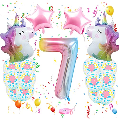 Luftballon 7. Einhorn Geburtstagsdeko Mädchen 7 Jahr, 3D Einhorn Luftballons, Riesen Luftballons Zahlen 7, Konfetti Luftballons Geburtstag Einhorn Party Deko für 7 Jahr Kindergeburtstag von GEEKEO