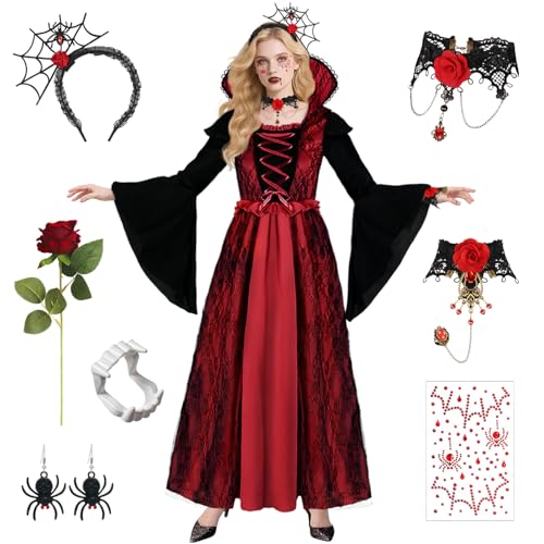 Vampir Kostüm Damen - Vampir Kleid Kostüm Damen Halloween Kostüme Dress Up, Halloween Costume Frauen Cosplay Gothic Kostüme mit Halskette und Vampire Zähne für Fasching Karneval Dracula Party (S) von GEEKEO
