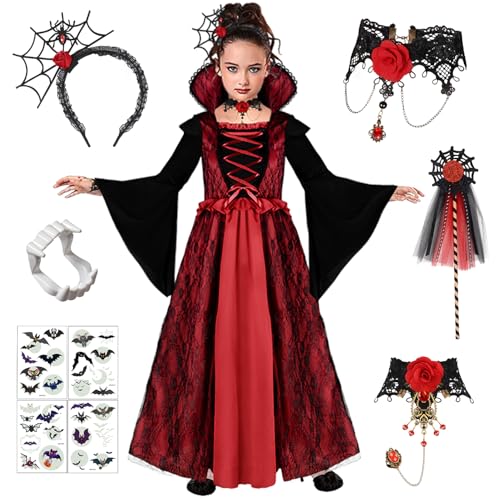 Vampir Kostüm Mädchen - Vampir Kleid Kostüm Kinder Halloween Kostüme Dress Up, Halloween Costume Mädchen Cosplay Gothic Kostüme mit Halskette und Vampire Zähne für Fasching Karneval Dracula Party Vampir Kostüm Mädchen - Vampir Kleid Kostüm Kinder Halloween Kostüme Dress Up, Halloween Costume Mädchen Cosplay Gothic Kostüme mit Halskette und Vampire Zähne für Fasching Karneval Dracula Party von GEEKEO
