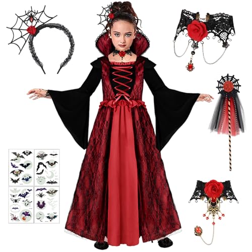 Vampir Kostüm Mädchen - Vampir Kleid Kostüm Kinder Halloween Kostüme Dress Up, Halloween Costume Mädchen Cosplay Gothic Kostüme mit Halskette und Vampire Zähne für Fasching Karneval Dracula Party Vampir Kostüm Mädchen - Vampir Kleid Kostüm Kinder Halloween Kostüme Dress Up, Halloween Costume Mädchen Cosplay Gothic Kostüme mit Halskette und Vampire Zähne für Fasching Karneval Dracula Party von GEEKEO