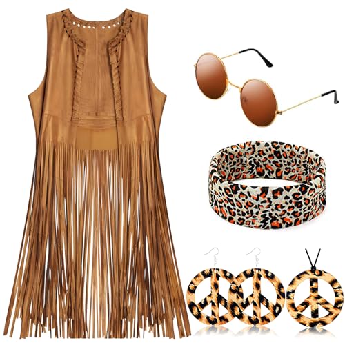 GEERDAN Hippie Kostüm Damen, 70er Jahre Mottoparty, Karneval, Fasching, Inkl. Fransen Weste, Brille, Haarband, Ohrringe, Halskette, S-M-L-XL-XXL, Braun, Polyester GEERDAN Hippie Kostüm Damen, 70er Jahre Mottoparty, Karneval, Fasching, Inkl. Fransen Weste, Brille, Haarband, Ohrringe, Halskette, S-M-L-XL-XXL, Braun, Polyester von GEERDAN