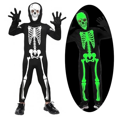 GEERDAN Skelett Kostüm für Kinder, Unisex Glühen im Dunkeln Mit Maske und Handschuhe, Halloween Geister Kostüm für Karneval/Geburtstag/Partys (L 120-130CM) von GEERDAN