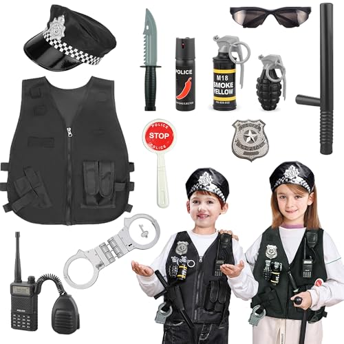 Polizei Kostüm Kinder 12 Stück,Polizei Zubehör mit Inkludiert Polizeiabzeichen & Handschellen & Mütze und Weste,Halloween Karneval für Kinder-Cosplay von GELGLOCK