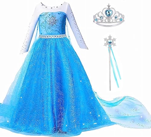 Elsa Prinzessinnenkleid für Mädchen, Eiskönigin-Kostüm für Kinder, Schneeparty, Geburtstagsparty-Kleid mit Zubehör (blau, 7T-8T (140)) von GELVSI